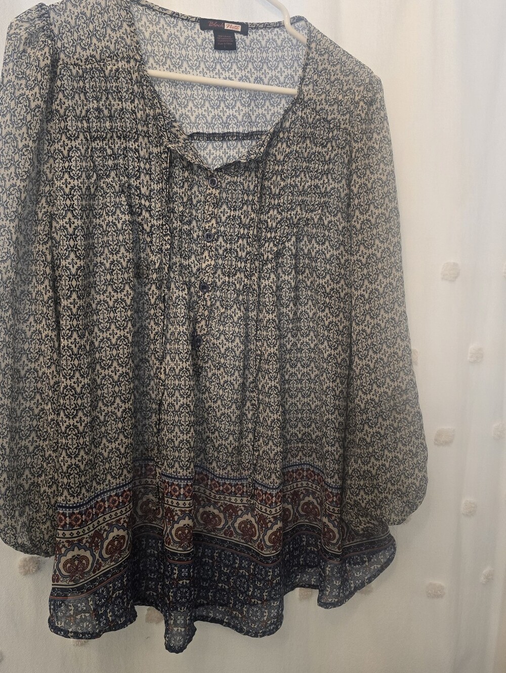 Black Note Printed Peasant Tunic with Border Trim Sheer,  Boho Vibes